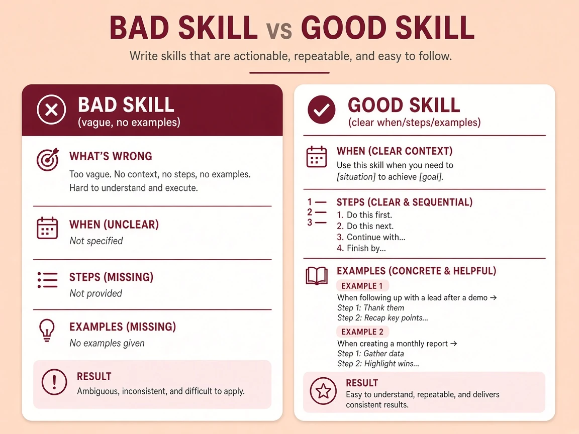 Three stages: a small list of skill names, then one opened recipe, then extra files only if needed