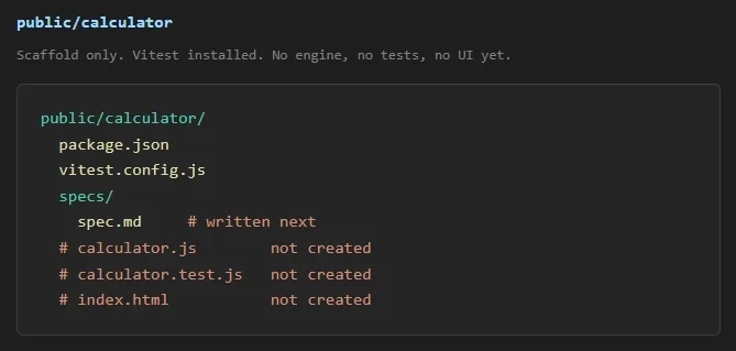 Project folder with only package.json and Vitest, no calculator code yet