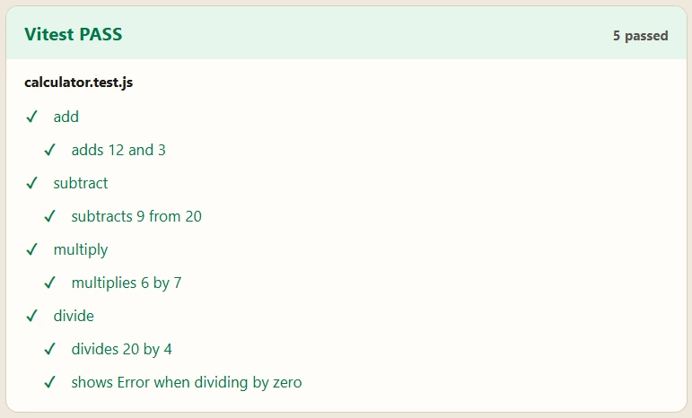Test report showing all five math checks passing