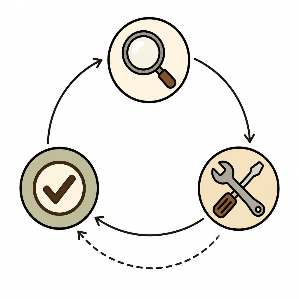 Gather, Act, Verify loop with magnifying glass, wrench, and checkmark nodes